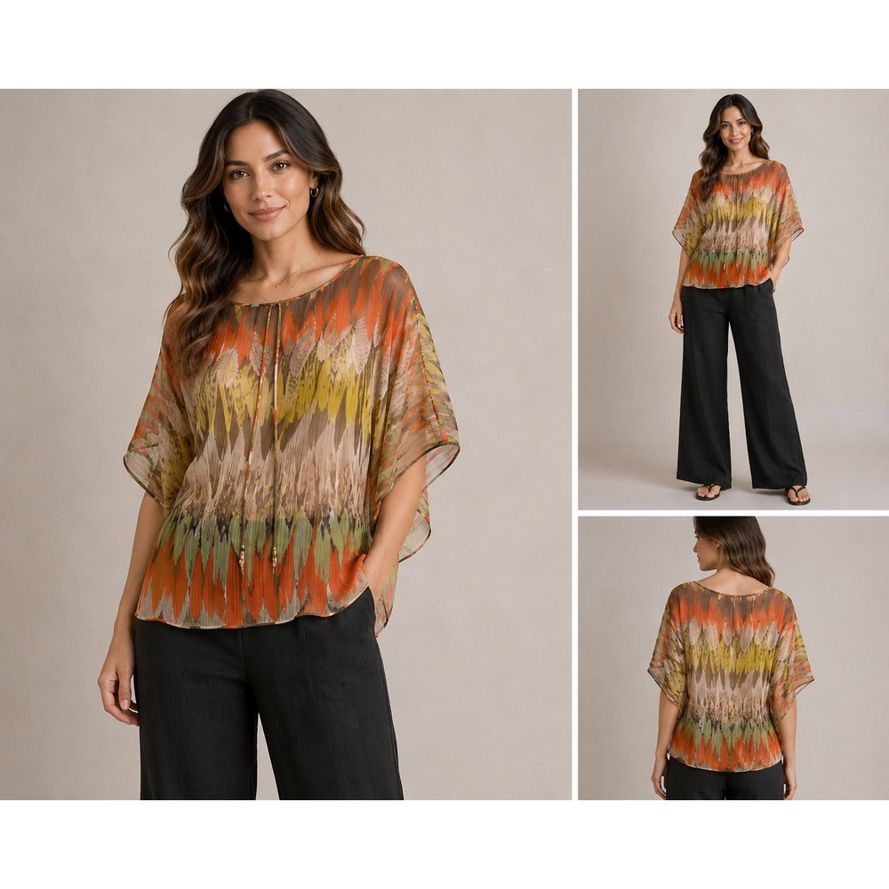 Subtle Luxury Womens 100% Silk Abstract Feather Print Flutter Sleeve Blouse XS/S